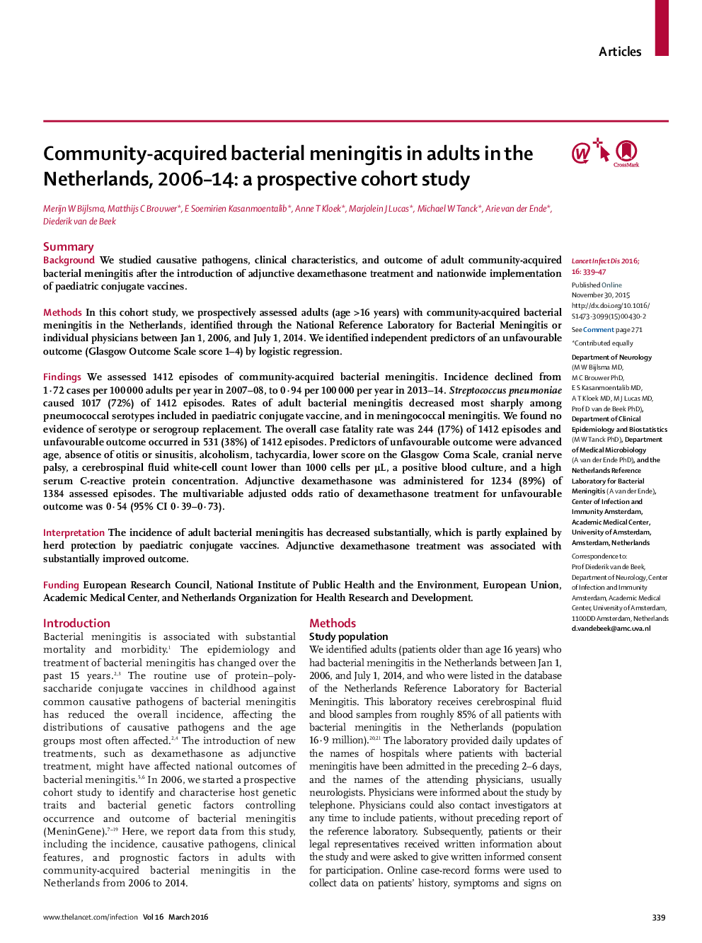 Community-acquired bacterial meningitis in adults in the Netherlands, 2006–14: a prospective cohort study