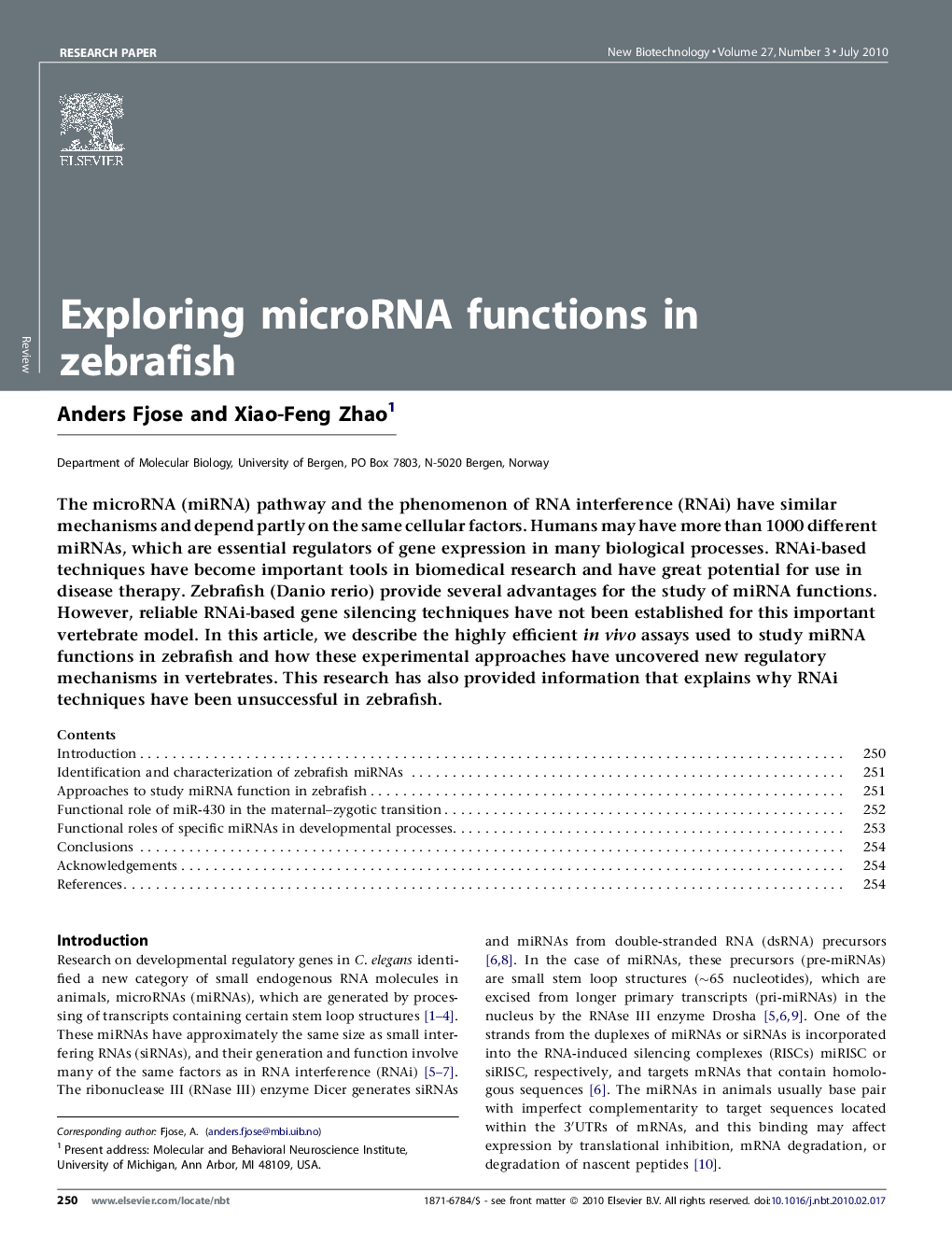 Exploring microRNA functions in zebrafish