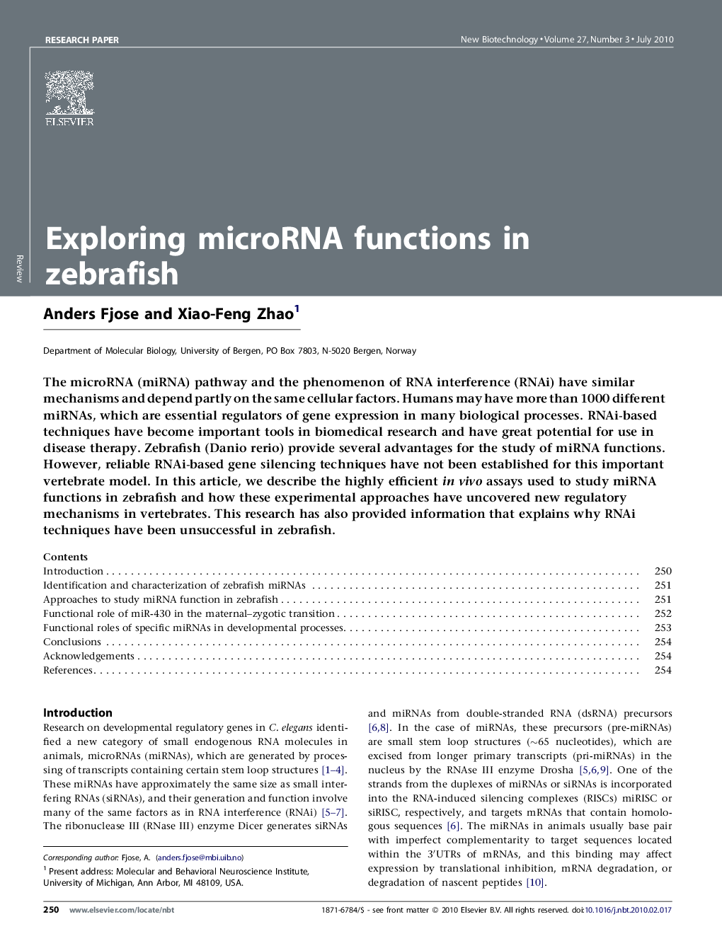 عکس صفحه اول مقاله: Exploring microRNA functions in zebrafish Exploring microRNA functions in zebrafish