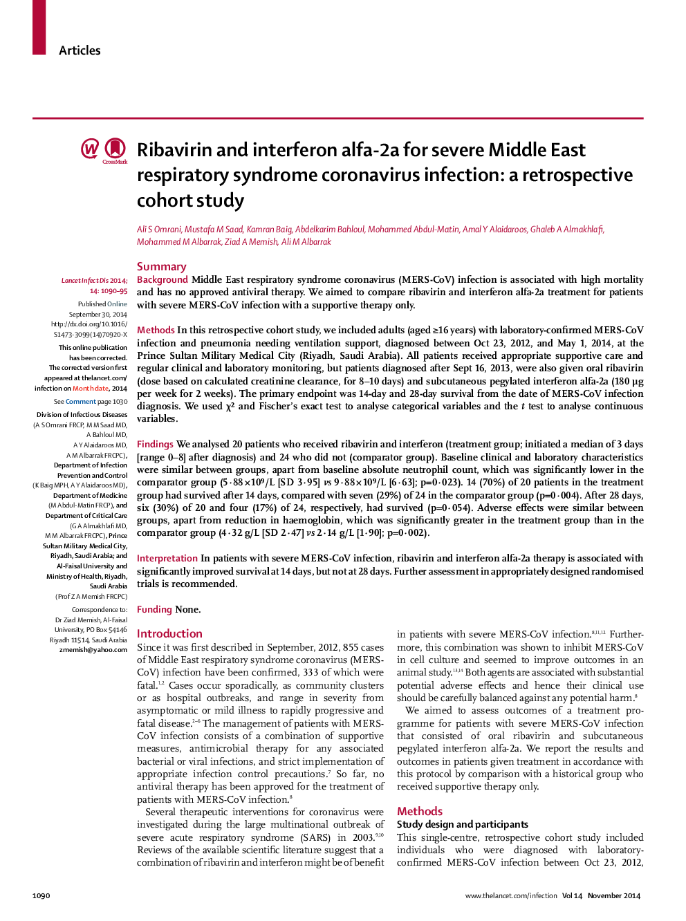 Ribavirin and interferon alfa-2a for severe Middle East respiratory syndrome coronavirus infection: a retrospective cohort study