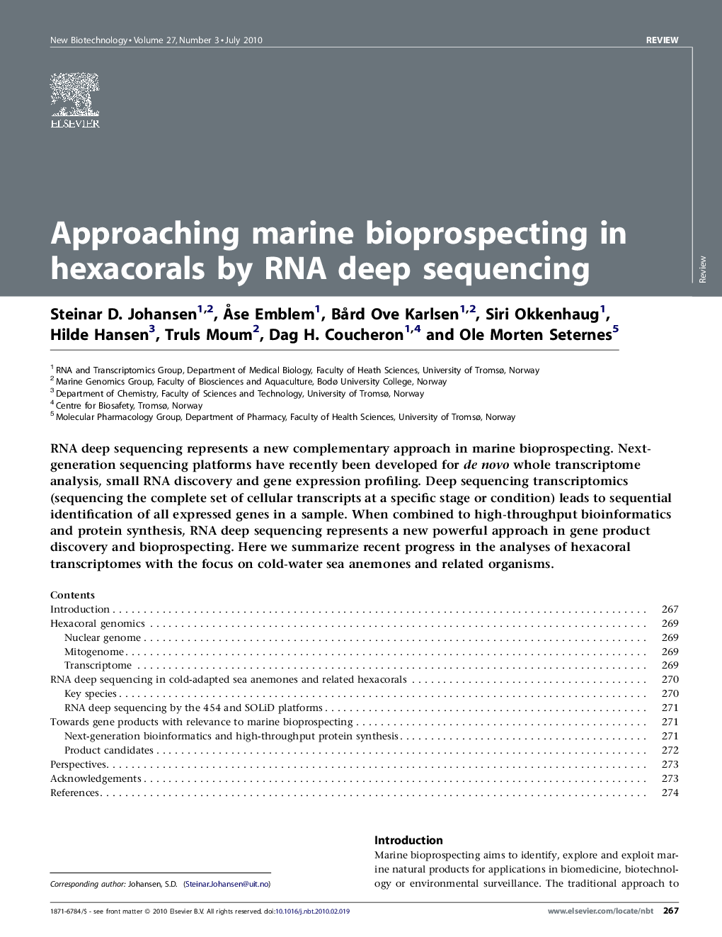 Approaching marine bioprospecting in hexacorals by RNA deep sequencing