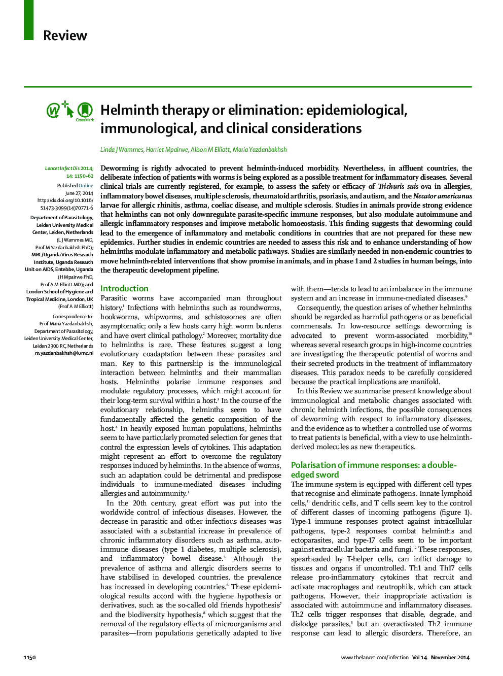 Helminth therapy or elimination: epidemiological, immunological, and clinical considerations