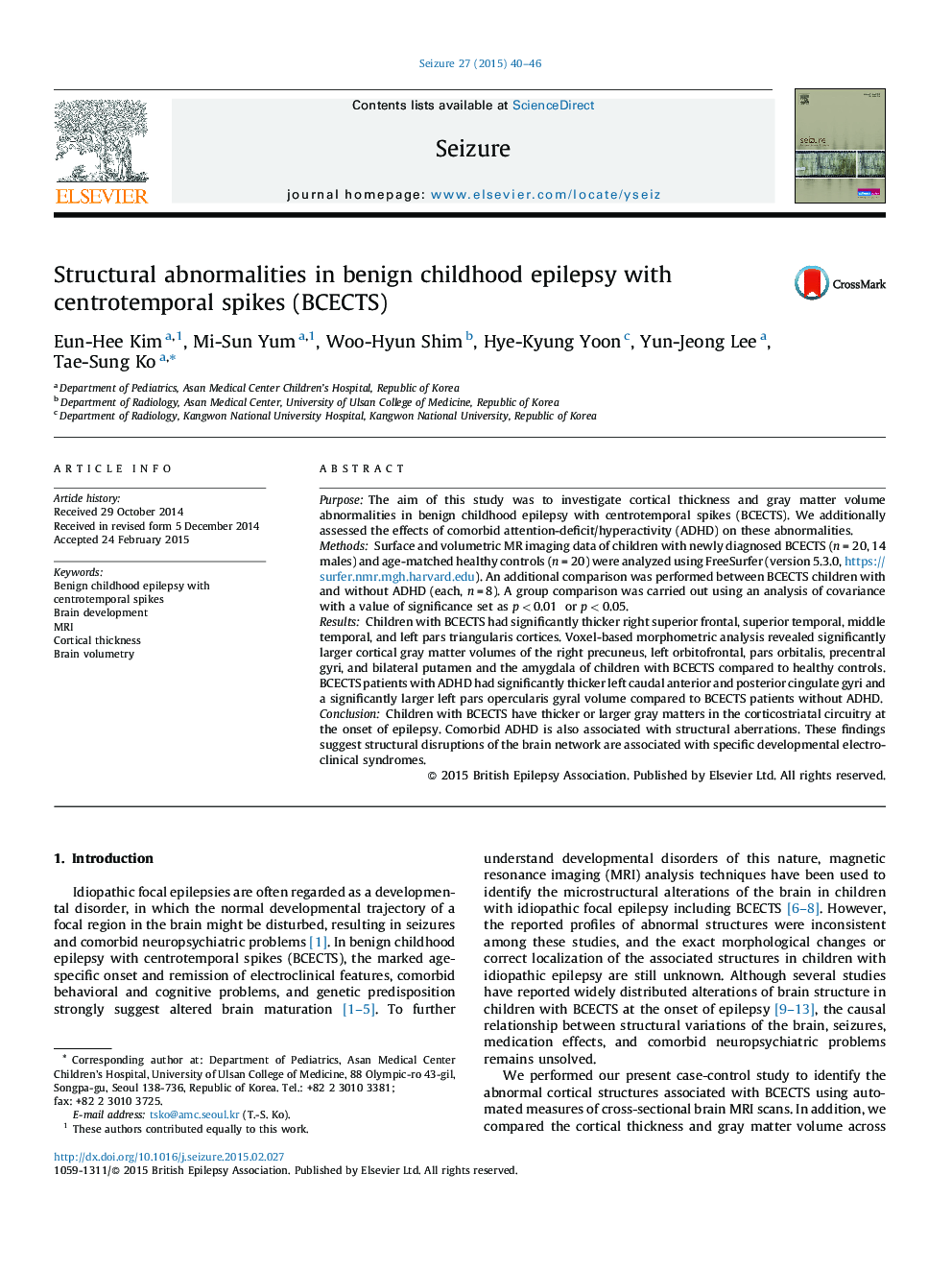 Structural abnormalities in benign childhood epilepsy with centrotemporal spikes (BCECTS)