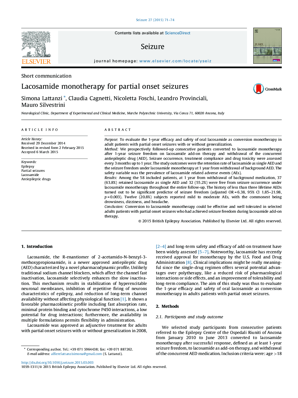 Lacosamide monotherapy for partial onset seizures