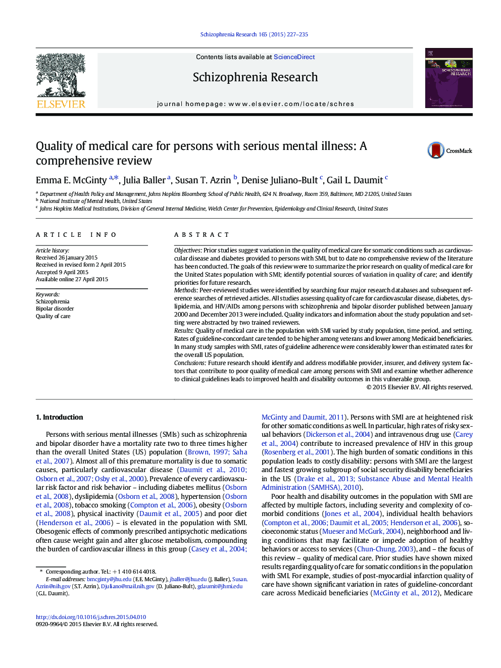 Quality of medical care for persons with serious mental illness: A comprehensive review