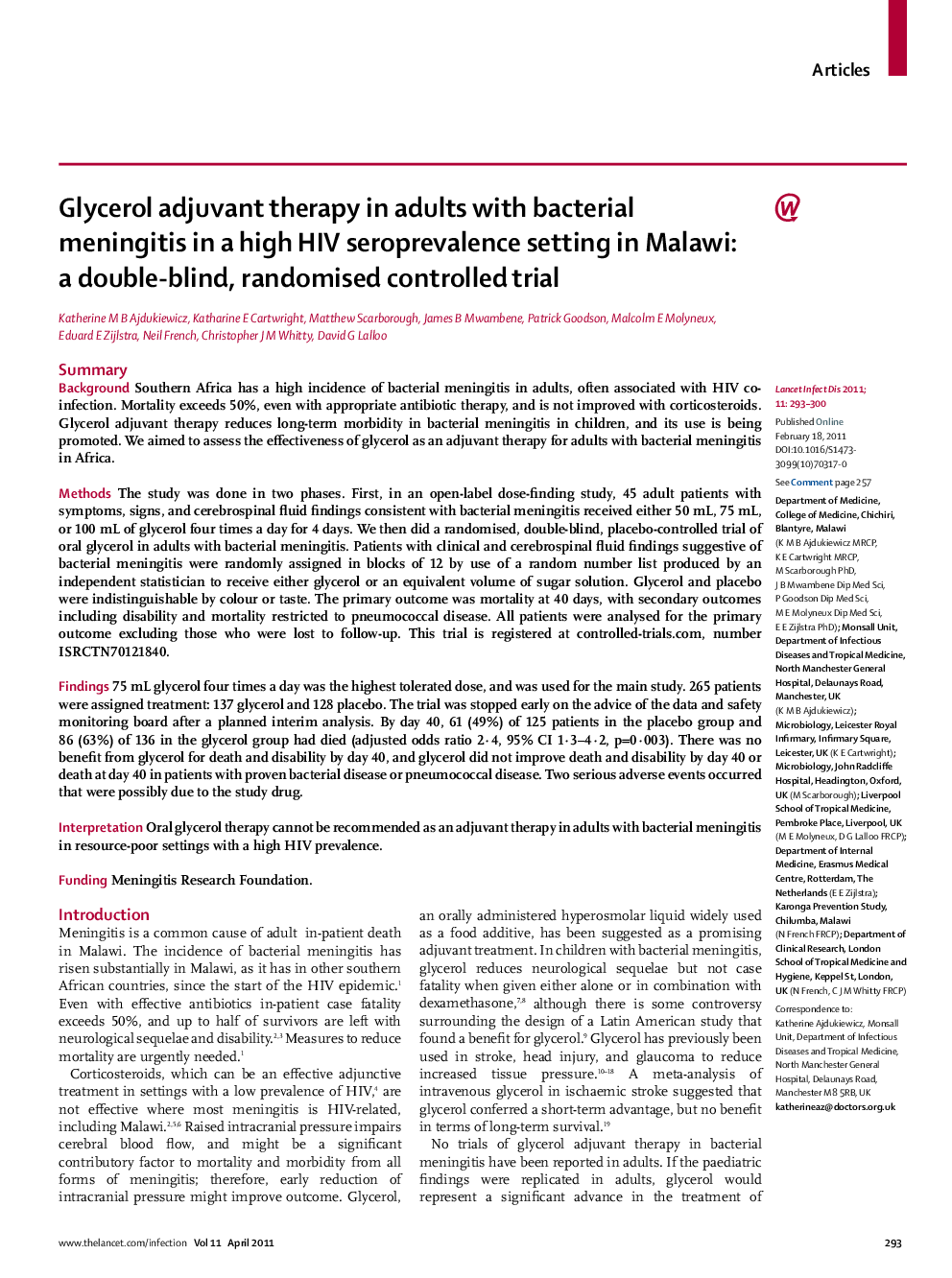 Glycerol adjuvant therapy in adults with bacterial meningitis in a high HIV seroprevalence setting in Malawi: a double-blind, randomised controlled trial