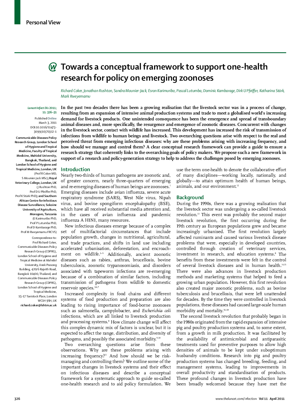 Towards a conceptual framework to support one-health research for policy on emerging zoonoses