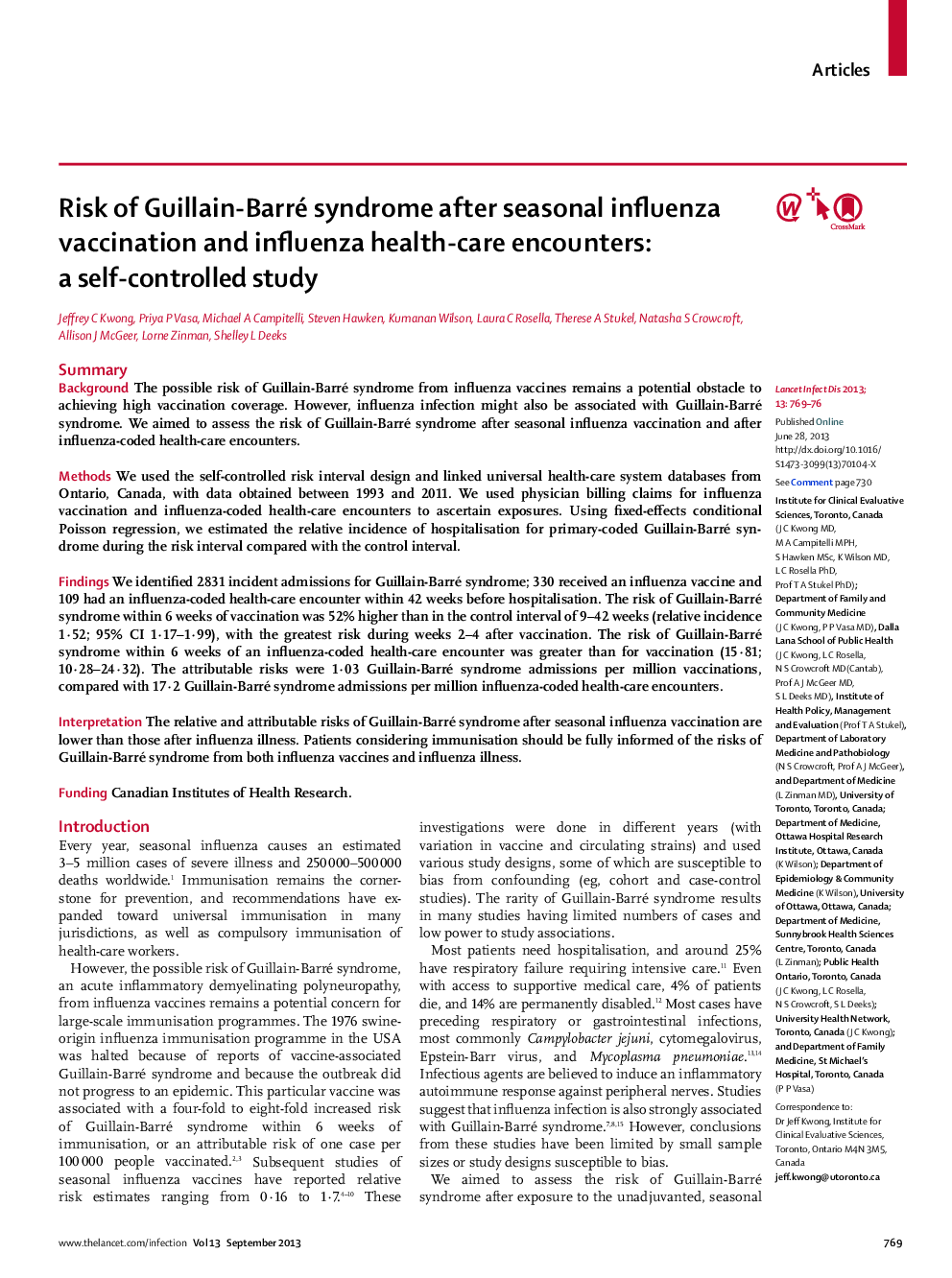 Risk of Guillain-Barré syndrome after seasonal influenza vaccination and influenza health-care encounters: a self-controlled study