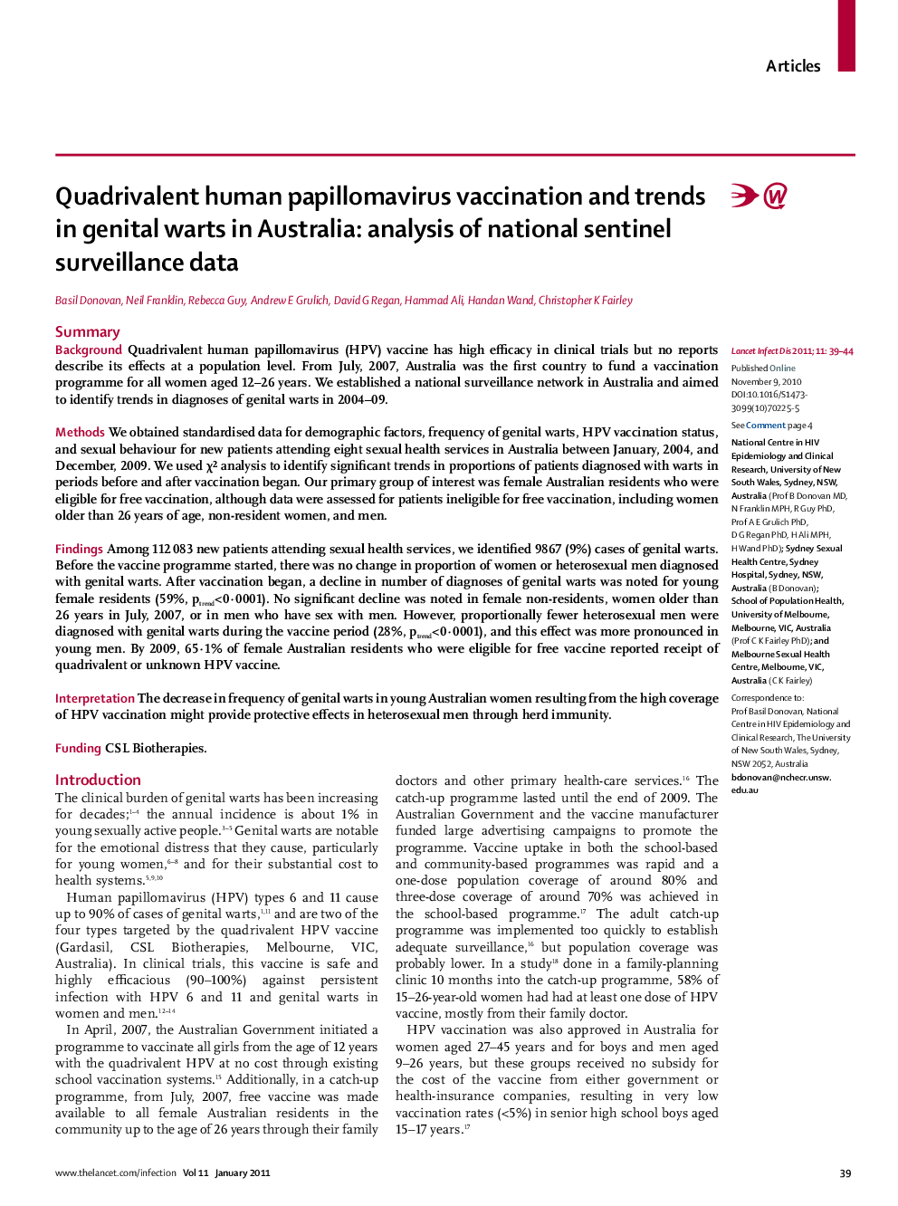 Quadrivalent human papillomavirus vaccination and trends in genital warts in Australia: analysis of national sentinel surveillance data