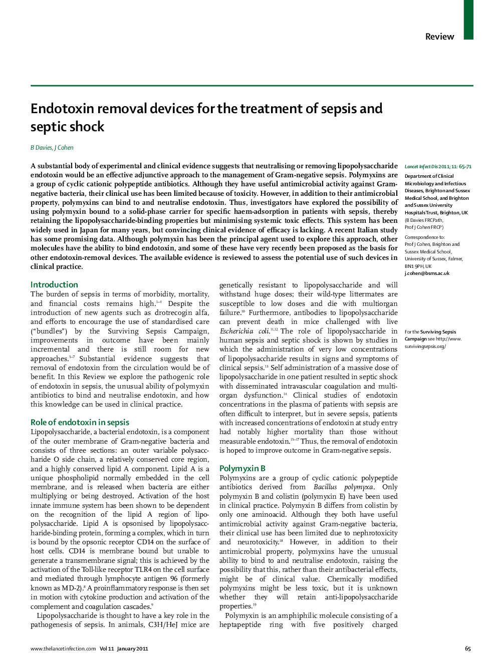 Endotoxin removal devices for the treatment of sepsis and septic shock