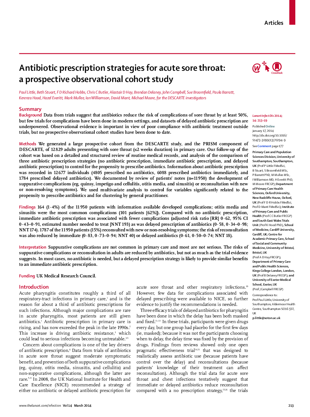 Antibiotic prescription strategies for acute sore throat: a prospective observational cohort study