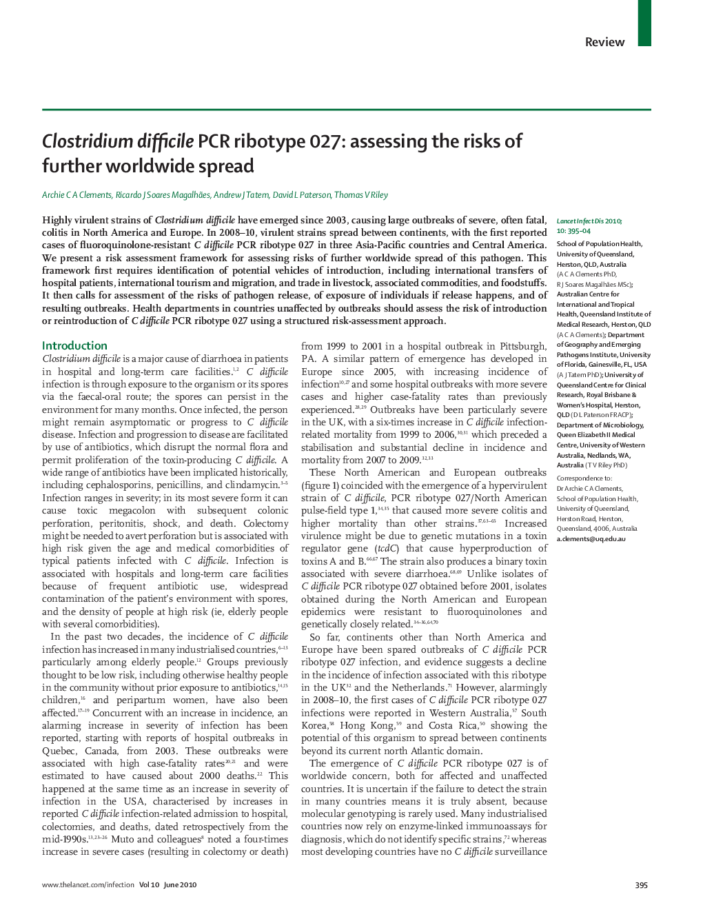 Clostridium difficile PCR ribotype 027: assessing the risks of further worldwide spread