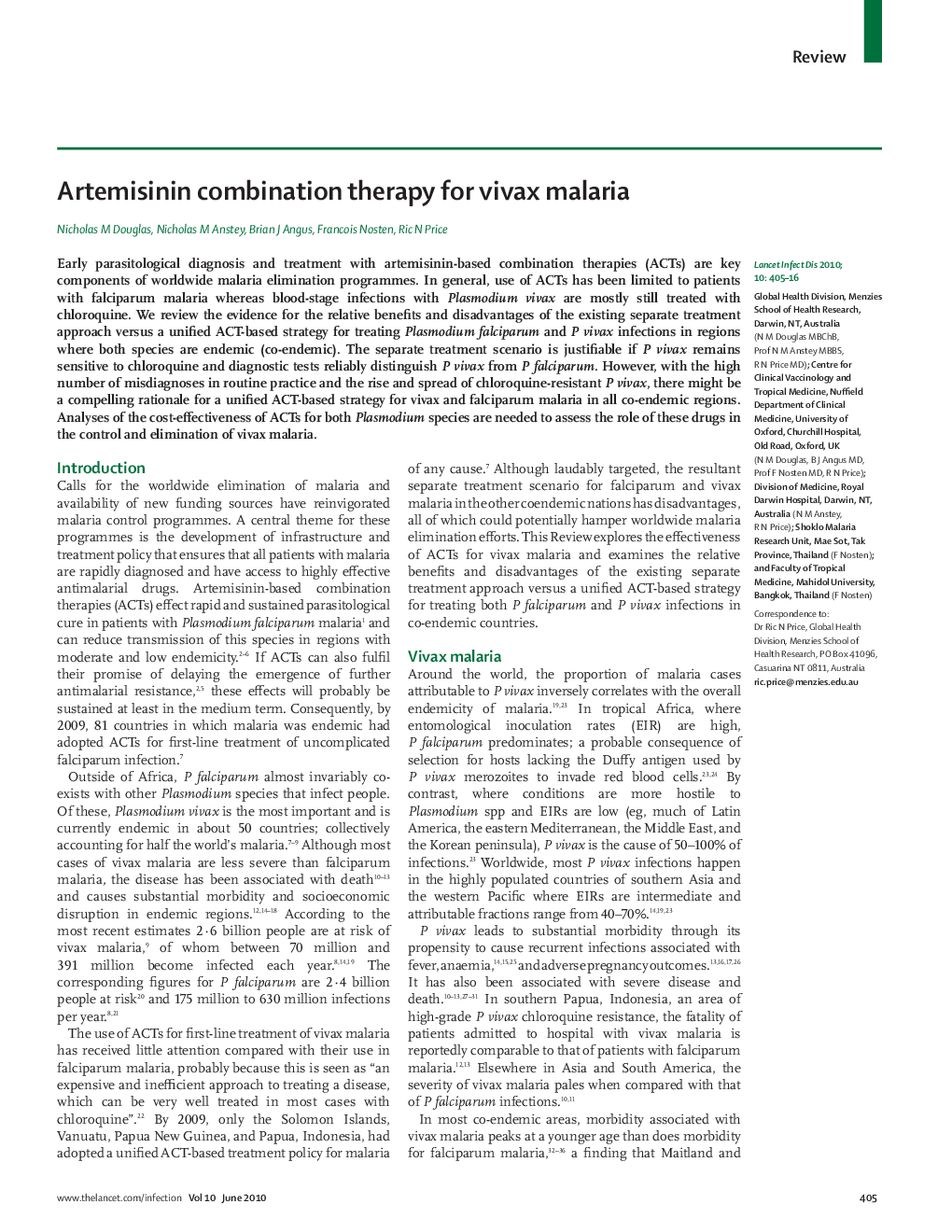 Artemisinin combination therapy for vivax malaria