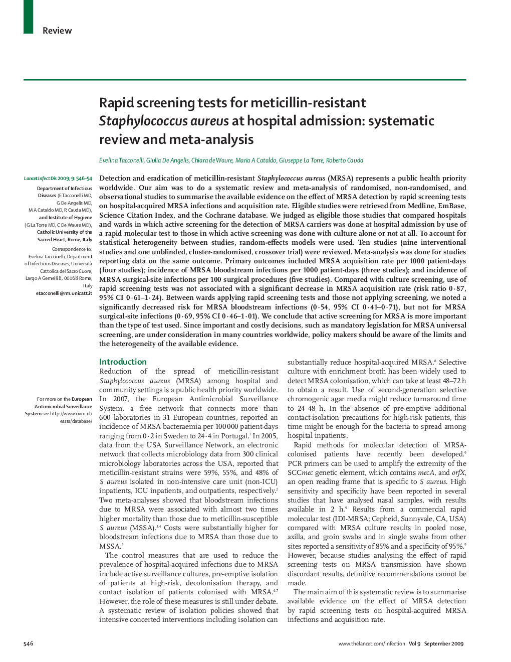 Rapid screening tests for meticillin-resistant Staphylococcus aureus at hospital admission: systematic review and meta-analysis