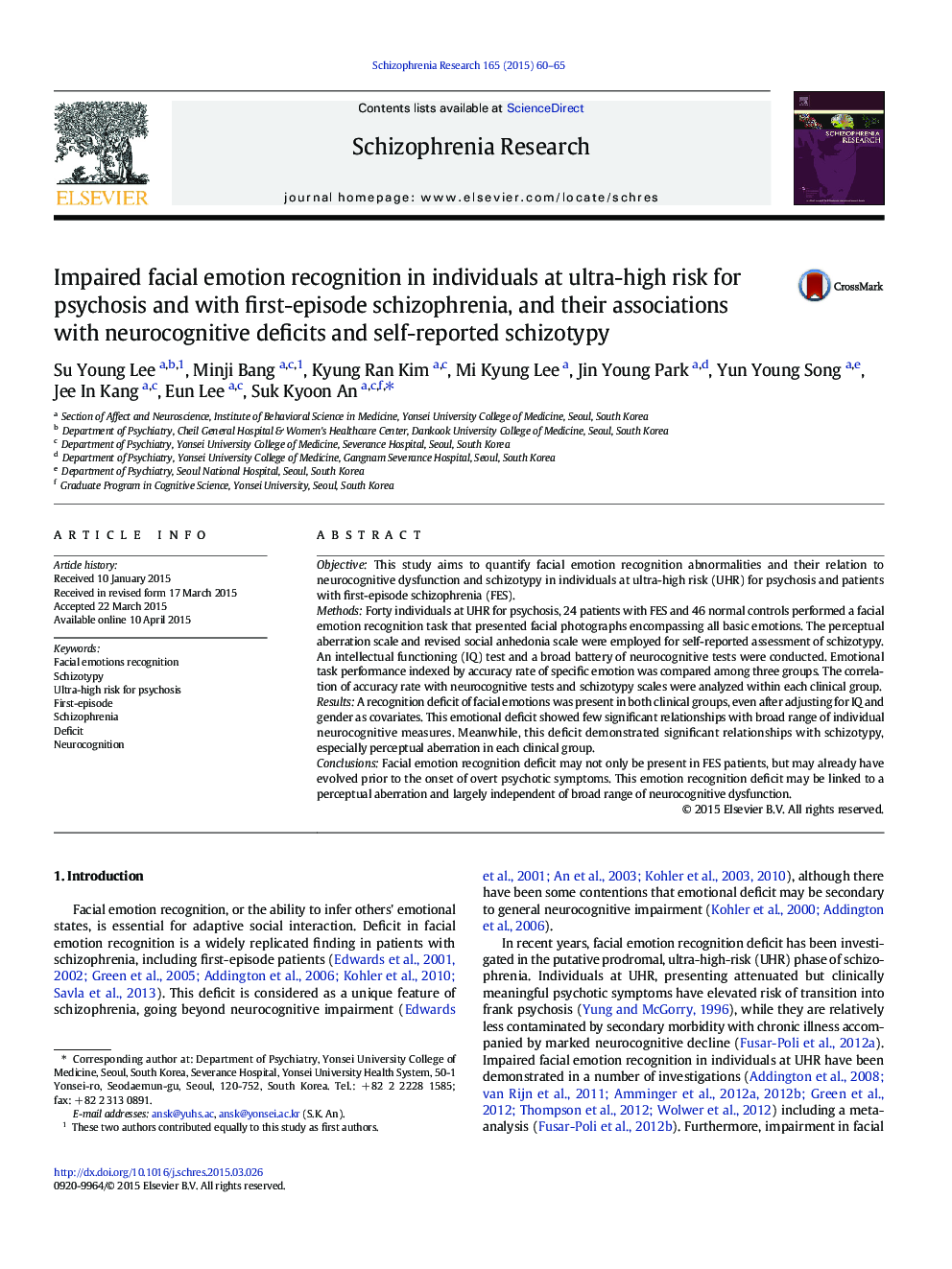 Impaired facial emotion recognition in individuals at ultra-high risk for psychosis and with first-episode schizophrenia, and their associations with neurocognitive deficits and self-reported schizotypy