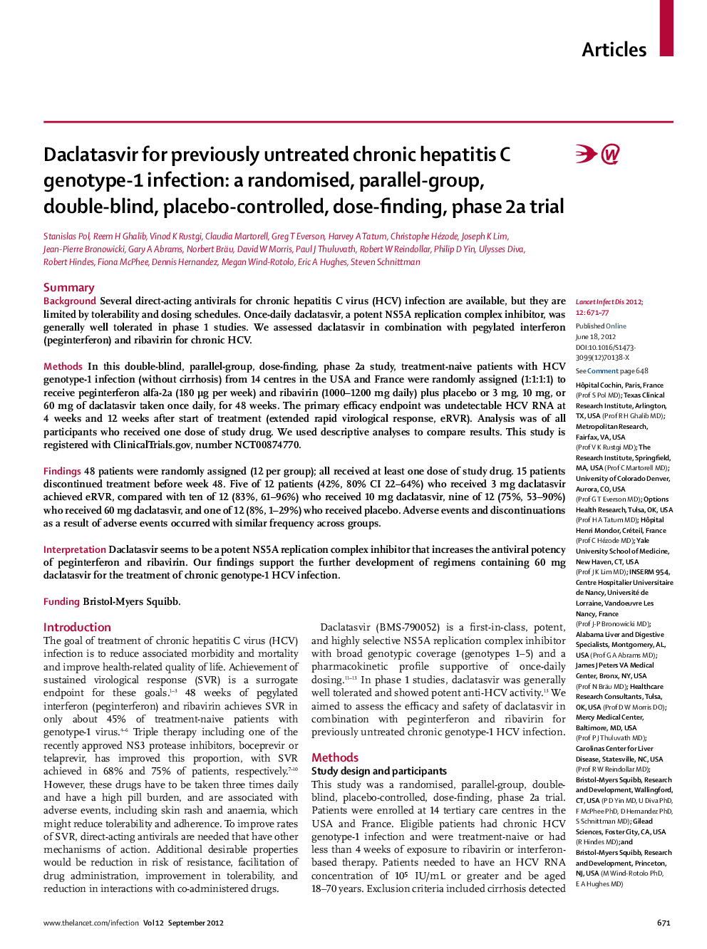 Daclatasvir for previously untreated chronic hepatitis C genotype-1 infection: a randomised, parallel-group, double-blind, placebo-controlled, dose-finding, phase 2a trial