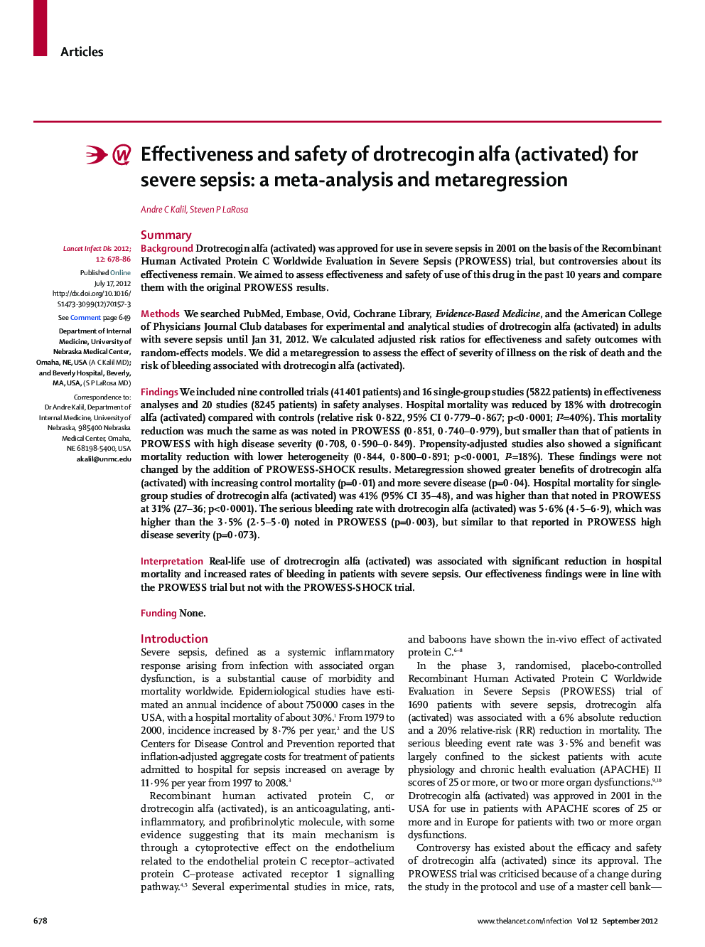 Effectiveness and safety of drotrecogin alfa (activated) for severe sepsis: a meta-analysis and metaregression