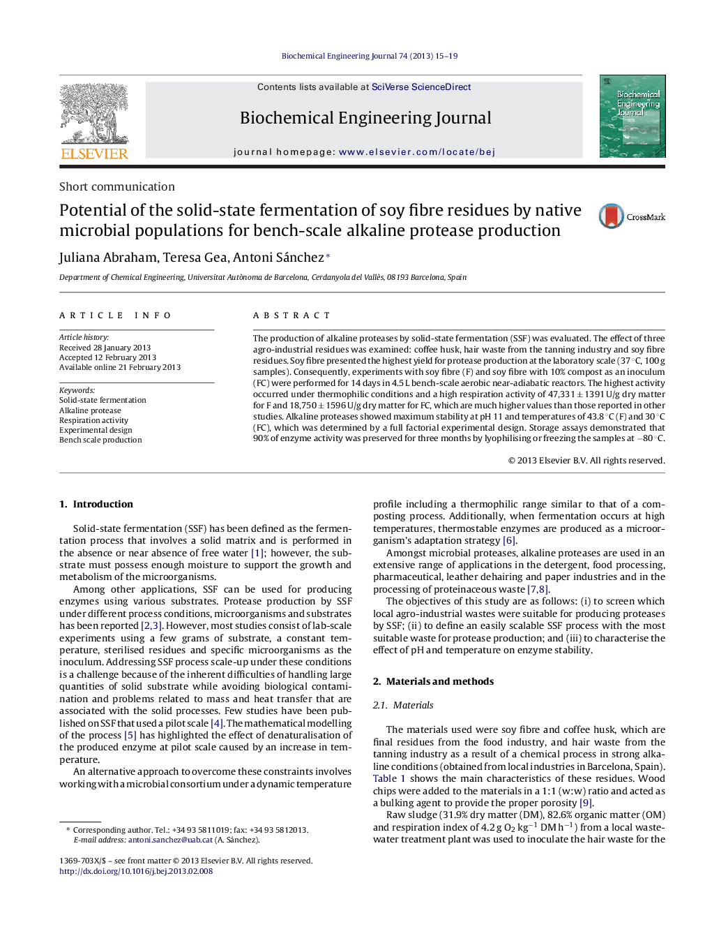 Potential of the solid-state fermentation of soy fibre residues by native microbial populations for bench-scale alkaline protease production