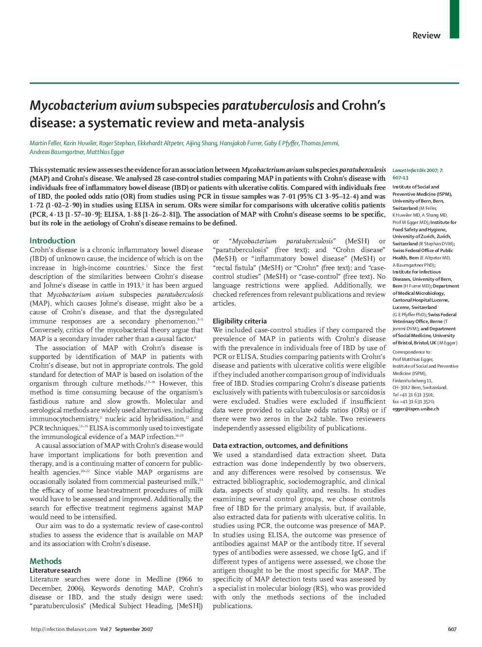 Mycobacterium avium subspecies paratuberculosis and Crohn's disease: a systematic review and meta-analysis