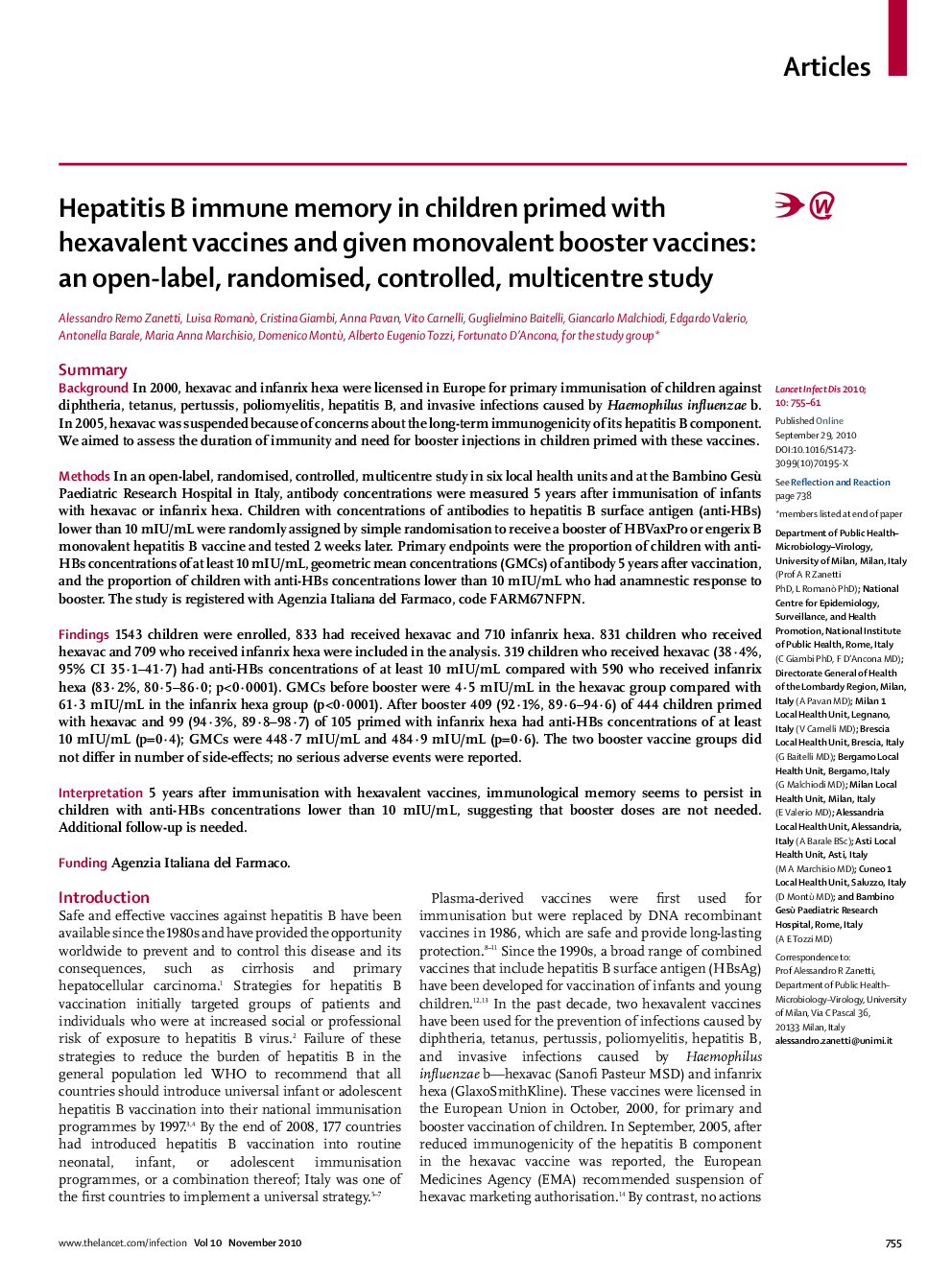 Hepatitis B immune memory in children primed with hexavalent vaccines and given monovalent booster vaccines: an open-label, randomised, controlled, multicentre study