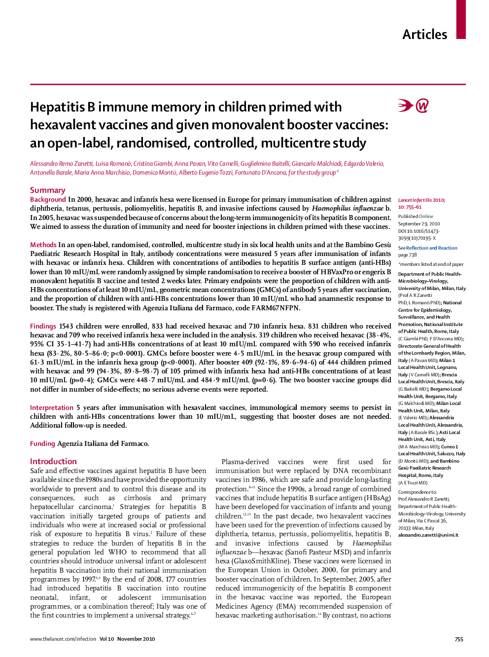 عکس صفحه اول مقاله: Hepatitis B immune memory in children primed with hexavalent vaccines and given monovalent booster vaccines: an open-label, randomised, controlled, multicentre study Hepatitis B immune memory in children primed with hexavalent vaccines and given monovalent booster vaccines: an open-label, randomised, controlled, multicentre study
