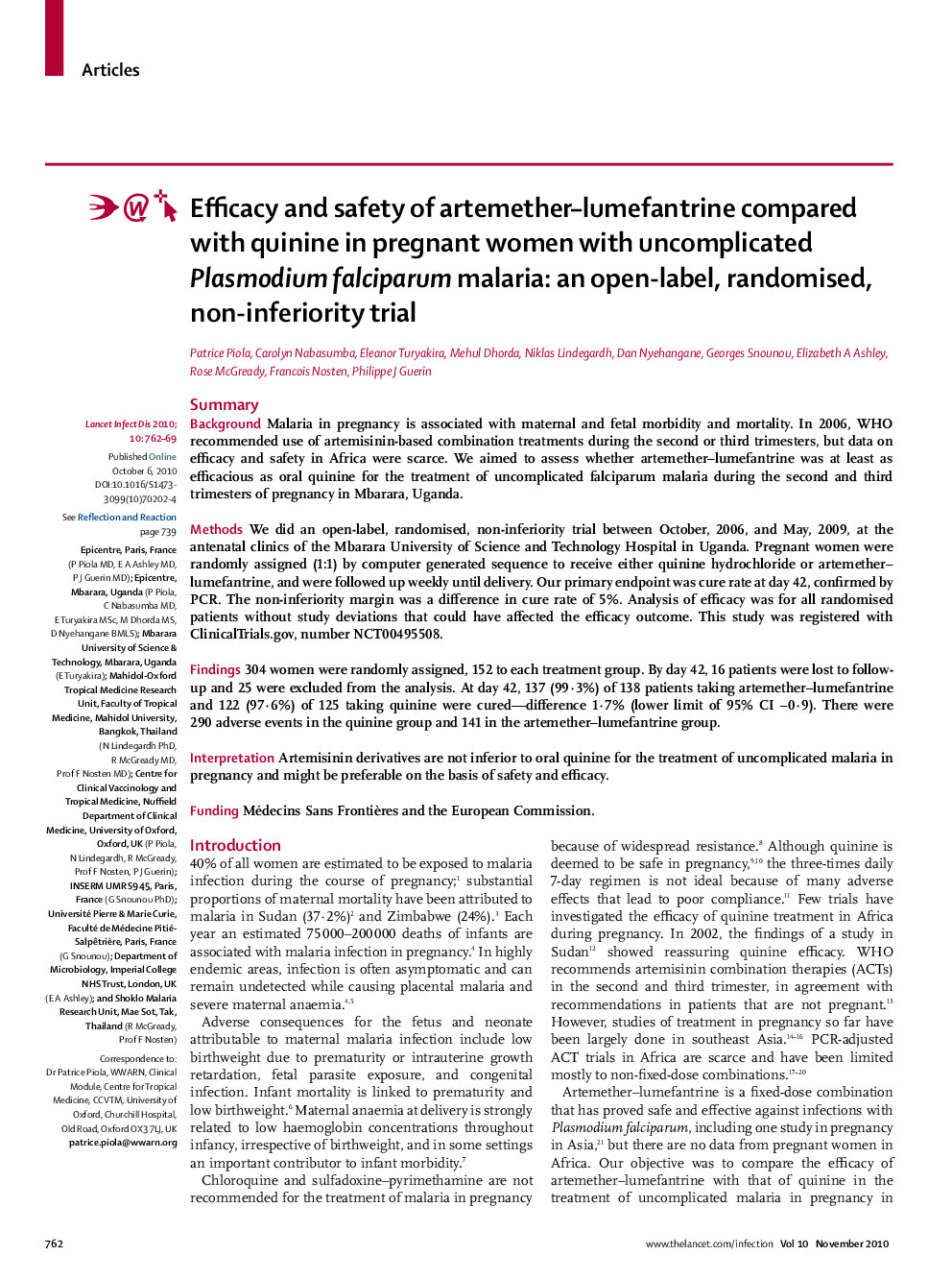 Efficacy and safety of artemether–lumefantrine compared with quinine in pregnant women with uncomplicated Plasmodium falciparum malaria: an open-label, randomised, non-inferiority trial