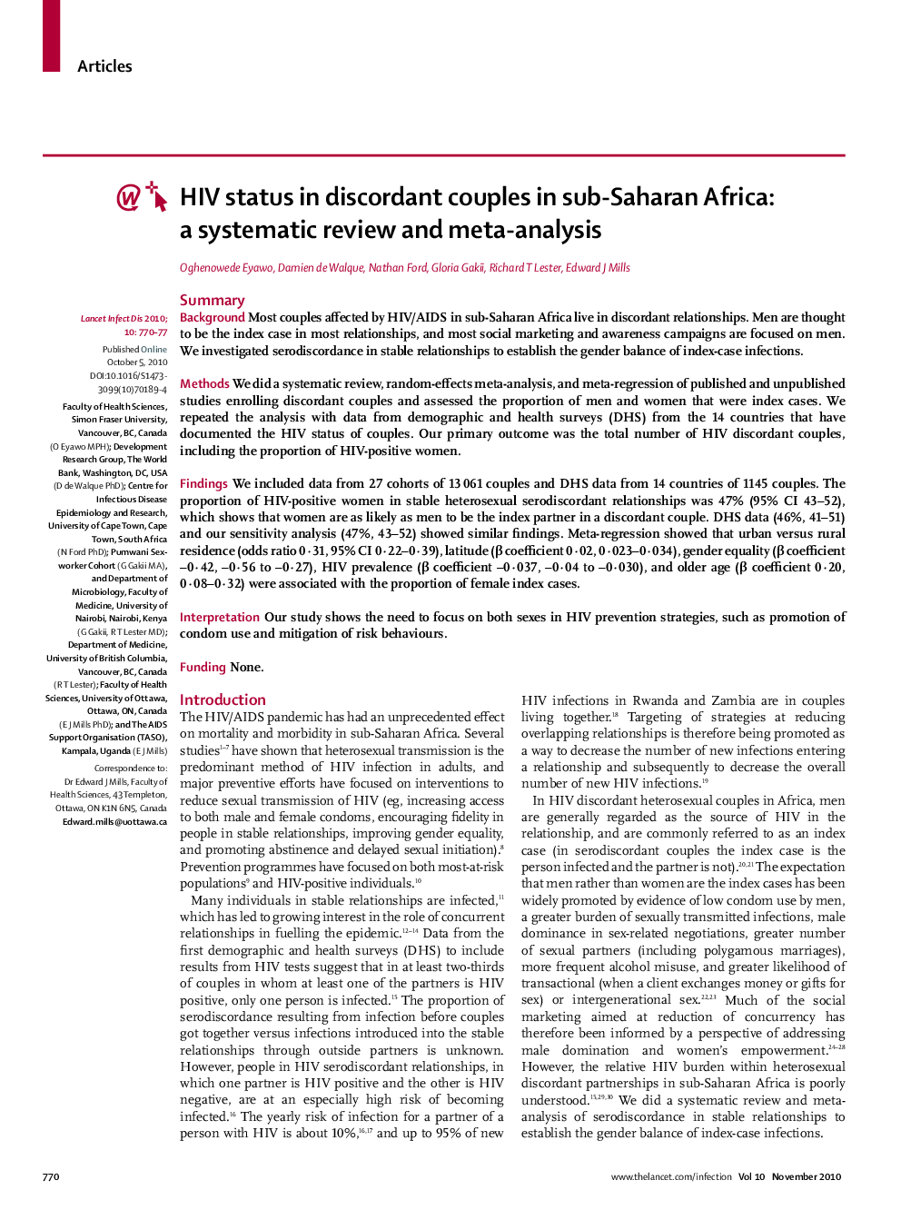 عکس صفحه اول مقاله: HIV status in discordant couples in sub-Saharan Africa: a systematic review and meta-analysis HIV status in discordant couples in sub-Saharan Africa: a systematic review and meta-analysis