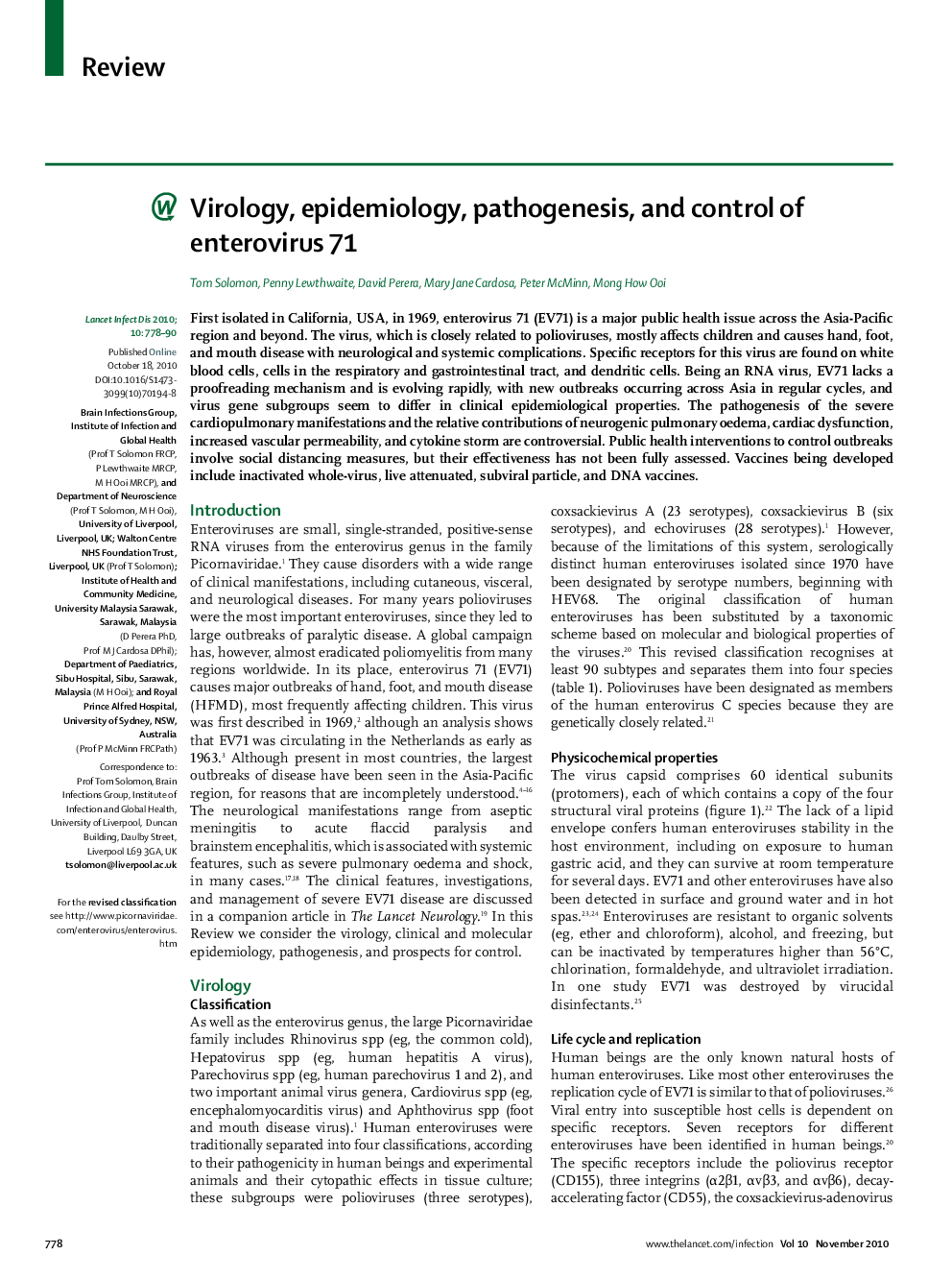 عکس صفحه اول مقاله: Virology, epidemiology, pathogenesis, and control of enterovirus 71 Virology, epidemiology, pathogenesis, and control of enterovirus 71
