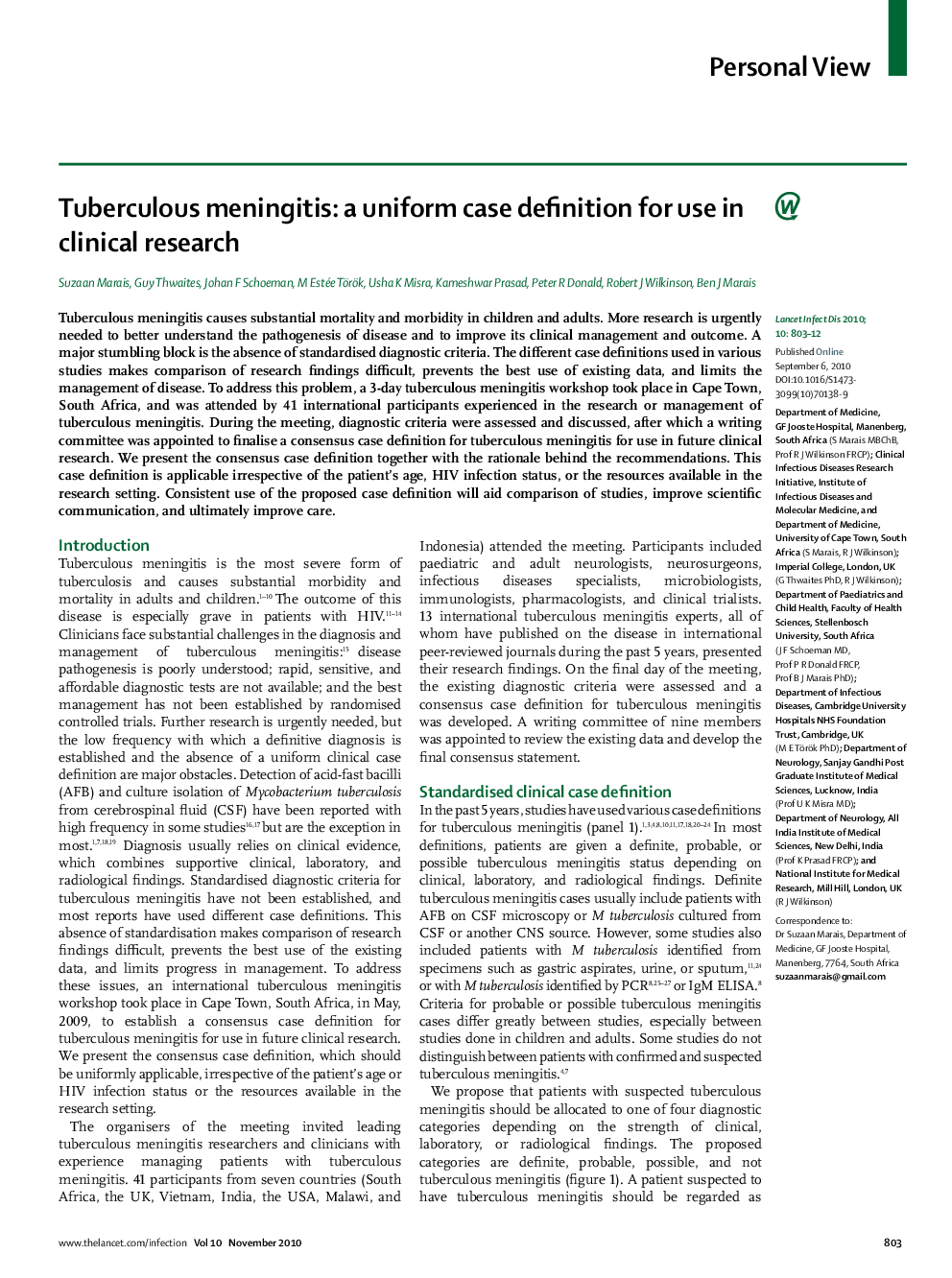 عکس صفحه اول مقاله: Tuberculous meningitis: a uniform case definition for use in clinical research Tuberculous meningitis: a uniform case definition for use in clinical research