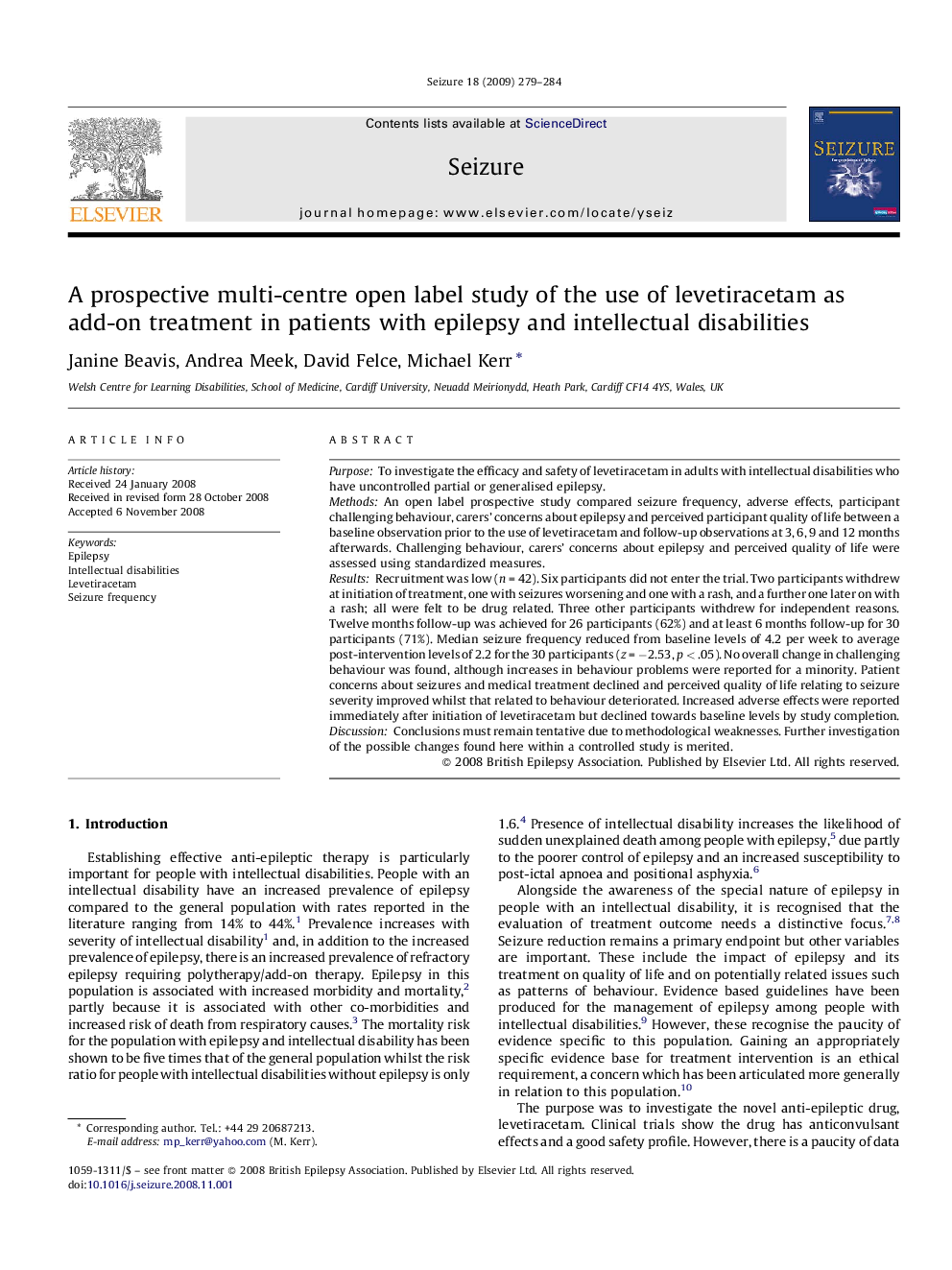 A prospective multi-centre open label study of the use of levetiracetam as add-on treatment in patients with epilepsy and intellectual disabilities