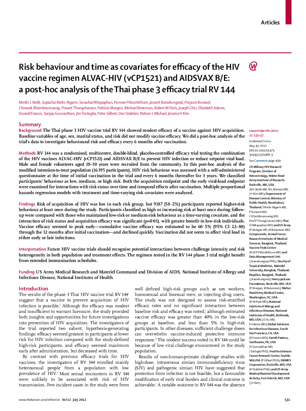 Risk behaviour and time as covariates for efficacy of the HIV vaccine regimen ALVAC-HIV (vCP1521) and AIDSVAX B/E: a post-hoc analysis of the Thai phase 3 efficacy trial RV 144