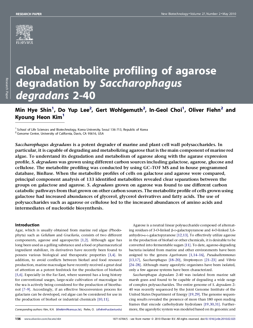 Global metabolite profiling of agarose degradation by Saccharophagus degradans 2-40
