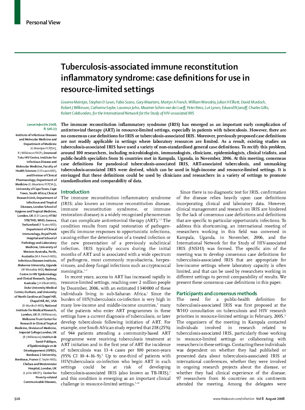 عکس صفحه اول مقاله: Tuberculosis-associated immune reconstitution inflammatory syndrome: case definitions for use in resource-limited settings Tuberculosis-associated immune reconstitution inflammatory syndrome: case definitions for use in resource-limited settings