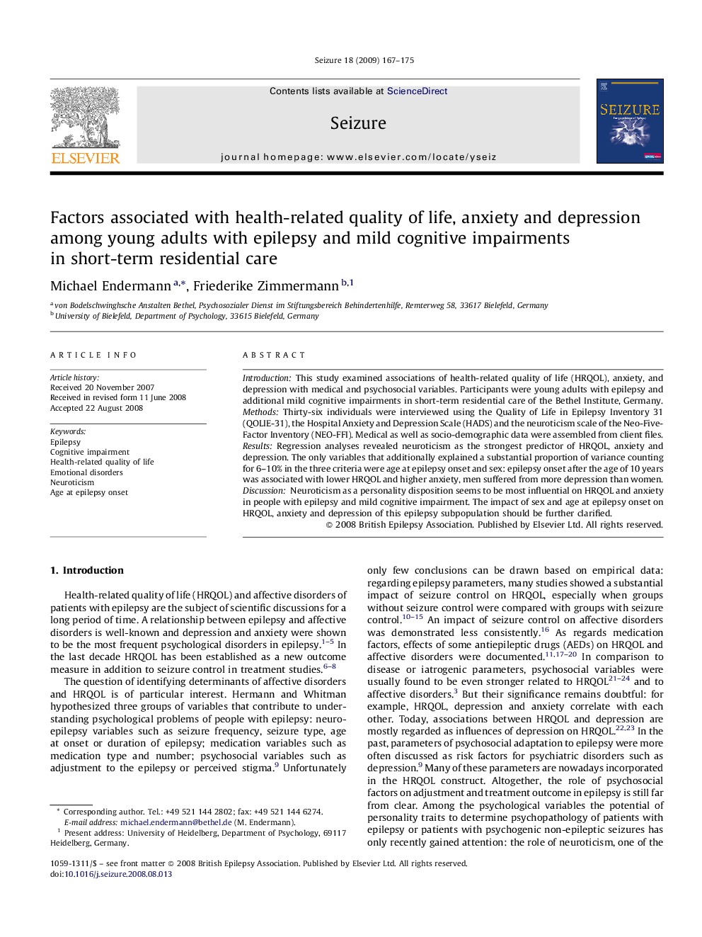 Factors associated with health-related quality of life, anxiety and depression among young adults with epilepsy and mild cognitive impairments in short-term residential care