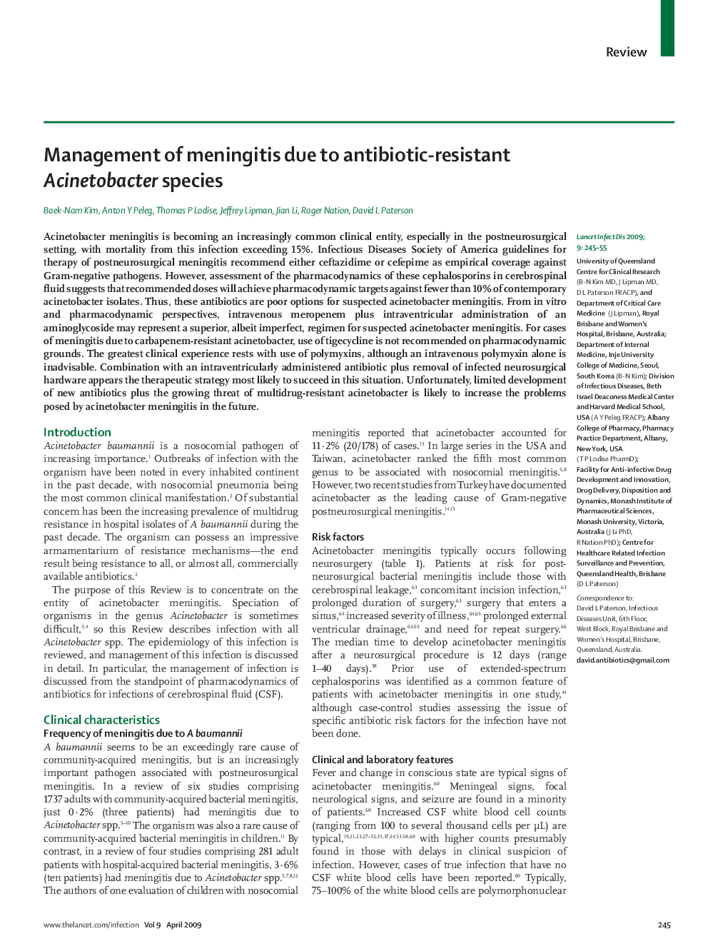 Management of meningitis due to antibiotic-resistant Acinetobacter species
