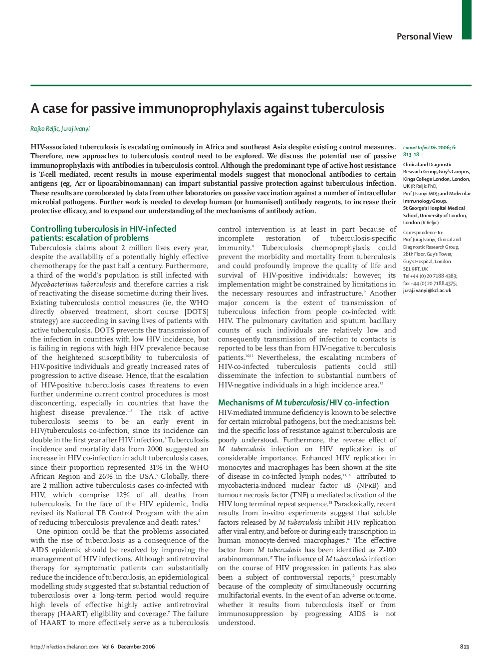 A case for passive immunoprophylaxis against tuberculosis