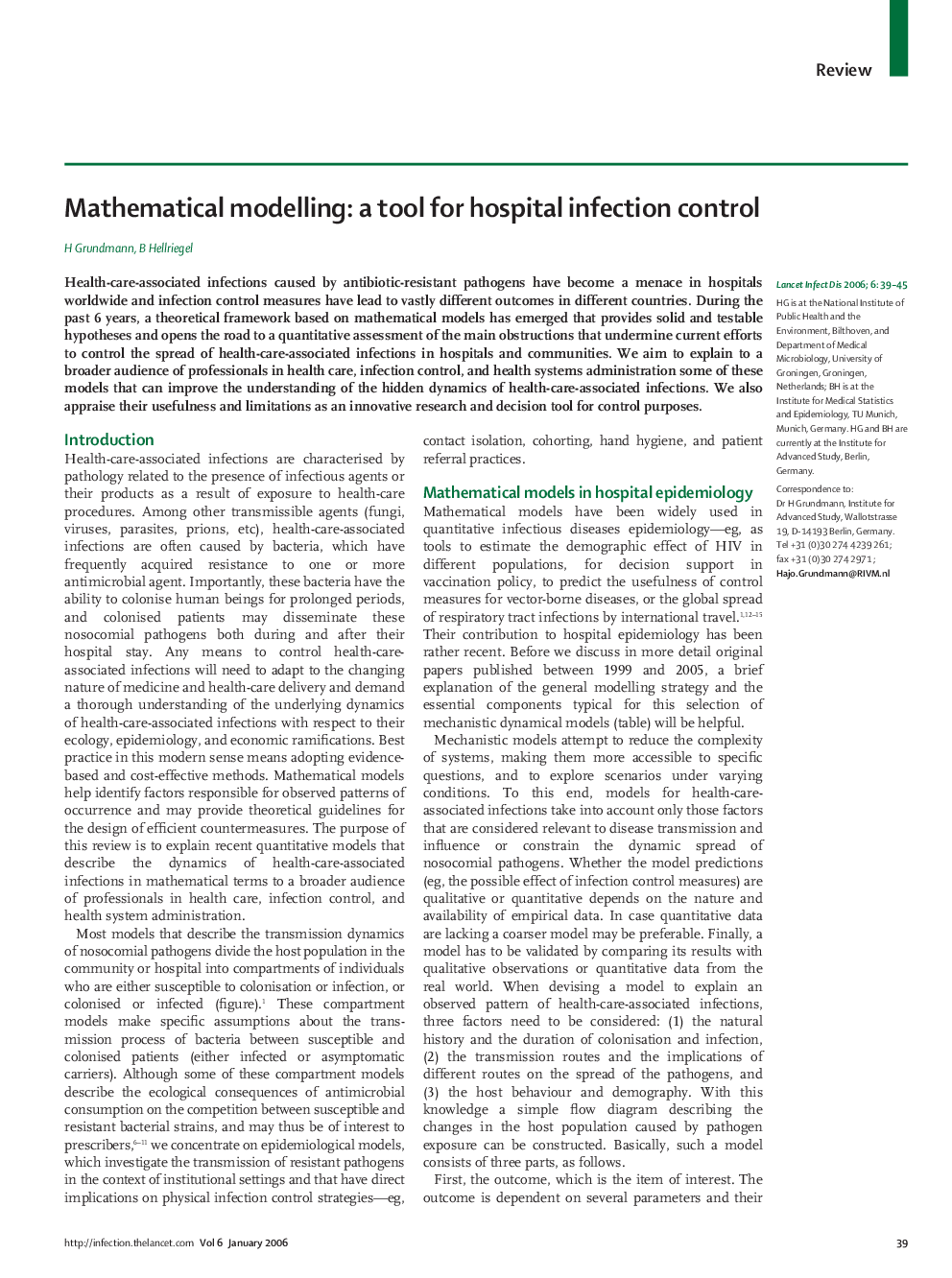 Mathematical modelling: a tool for hospital infection control