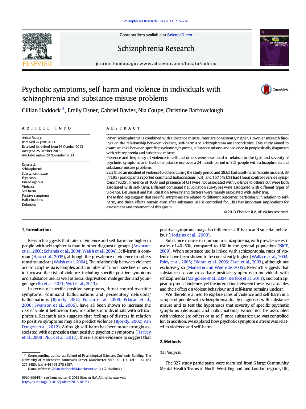 Psychotic symptoms, self-harm and violence in individuals with schizophrenia and substance misuse problems