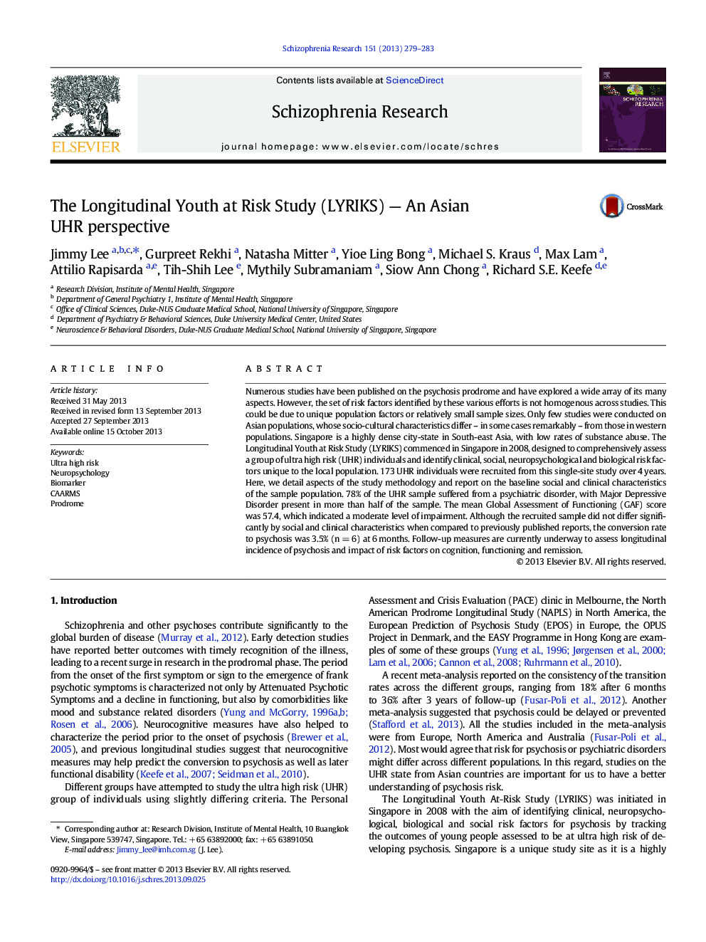 The Longitudinal Youth at Risk Study (LYRIKS) — An Asian UHR perspective