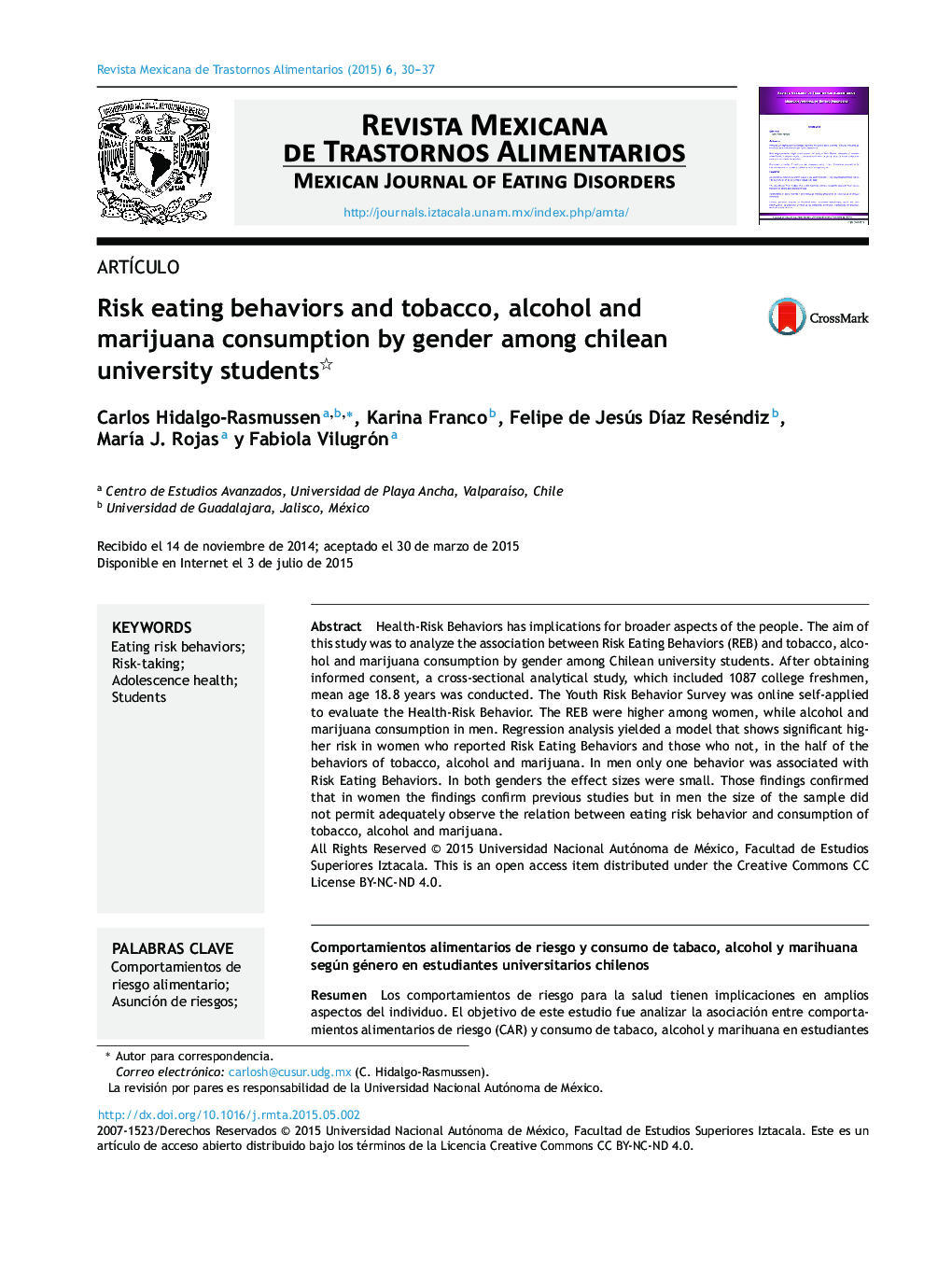 Risk eating behaviors and tobacco, alcohol and marijuana consumption by gender among chilean university students 