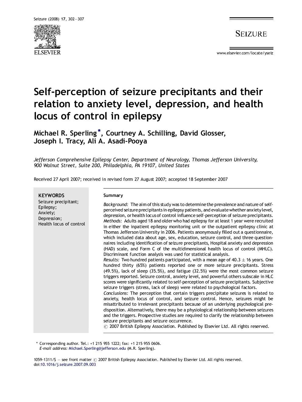 Self-perception of seizure precipitants and their relation to anxiety level, depression, and health locus of control in epilepsy