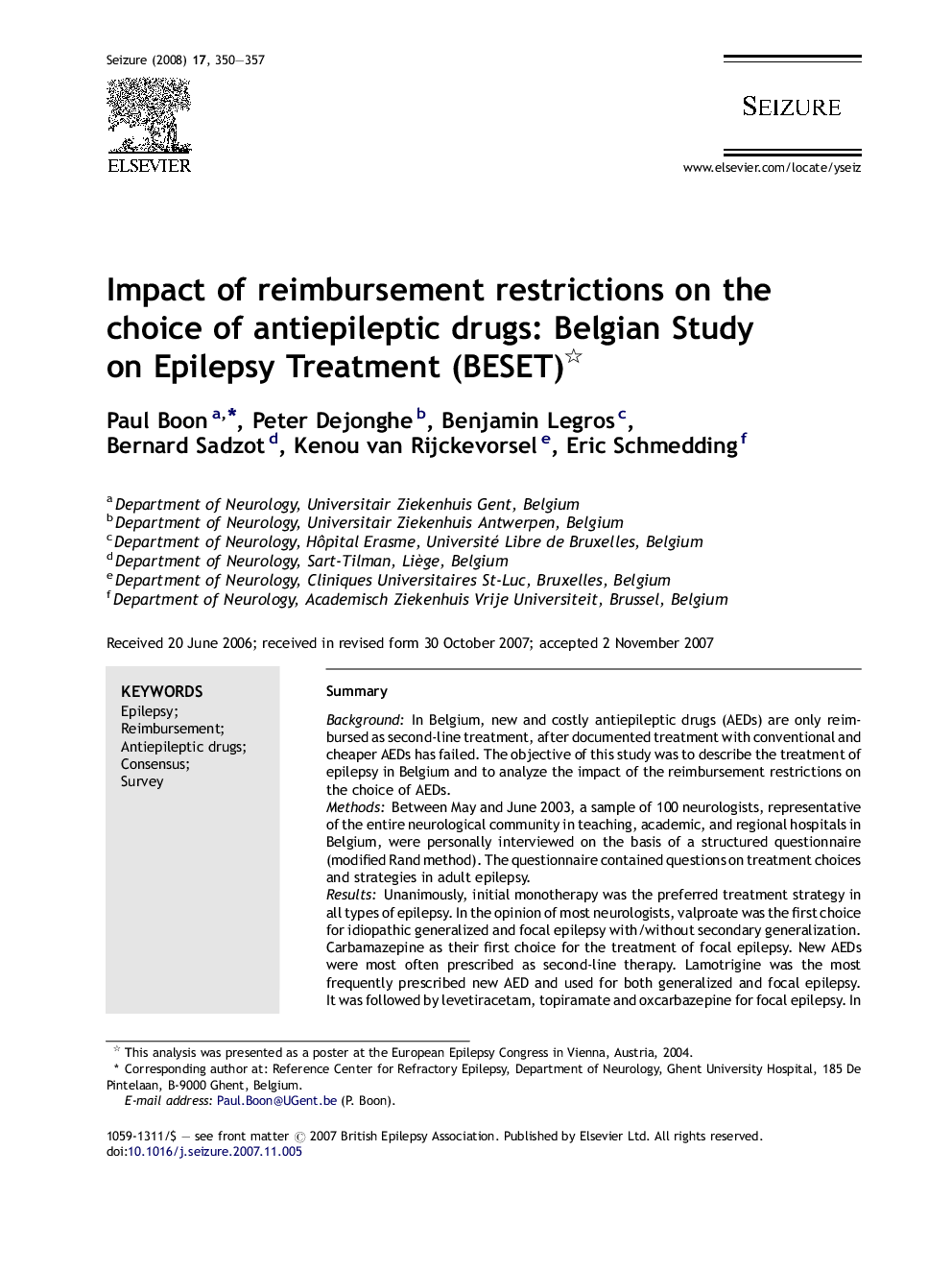 Impact of reimbursement restrictions on the choice of antiepileptic drugs: Belgian Study on Epilepsy Treatment (BESET) 