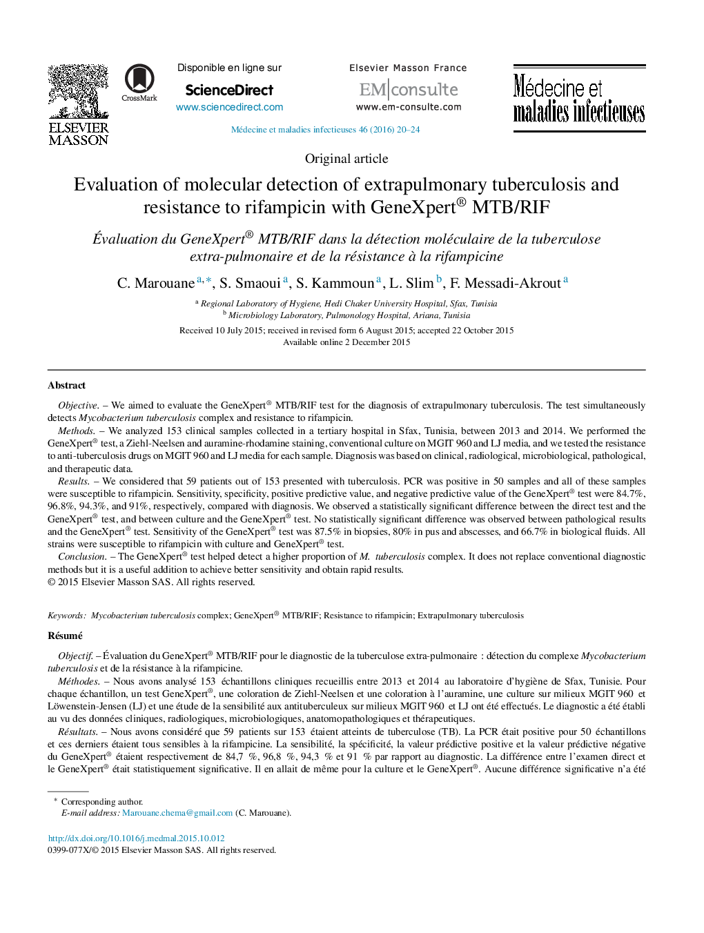 Evaluation of molecular detection of extrapulmonary tuberculosis and resistance to rifampicin with GeneXpert® MTB/RIF