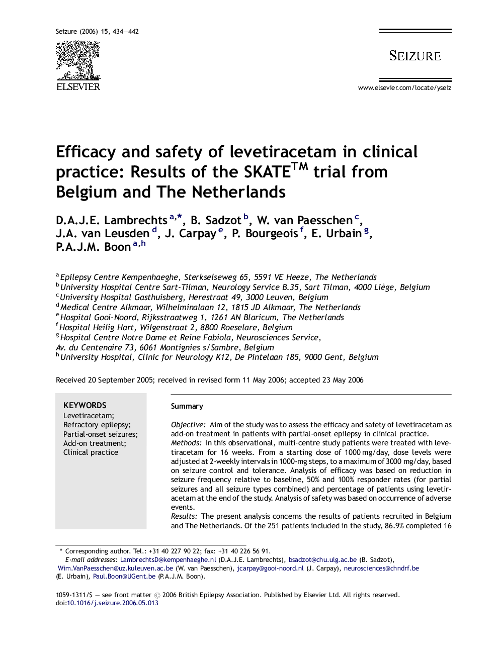 Efficacy and safety of levetiracetam in clinical practice: Results of the SKATE™ trial from Belgium and The Netherlands