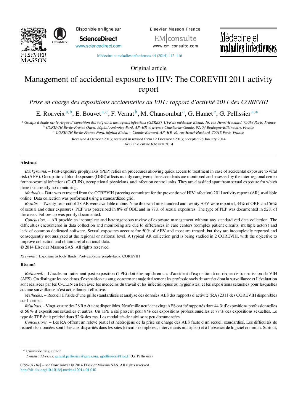 Management of accidental exposure to HIV: The COREVIH 2011 activity report