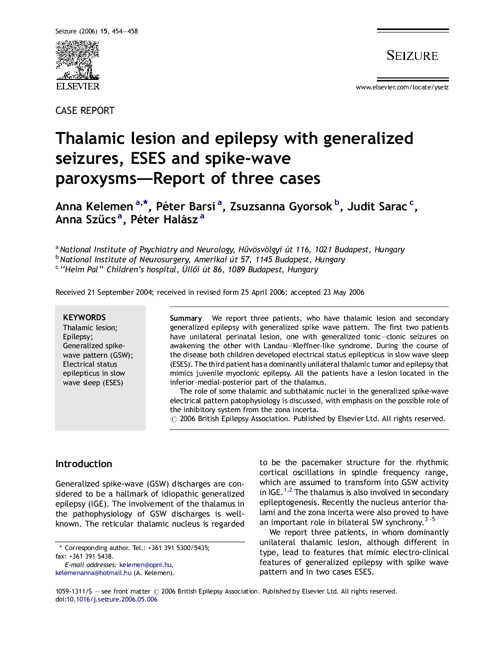 Thalamic lesion and epilepsy with generalized seizures, ESES and spike-wave paroxysms—Report of three cases