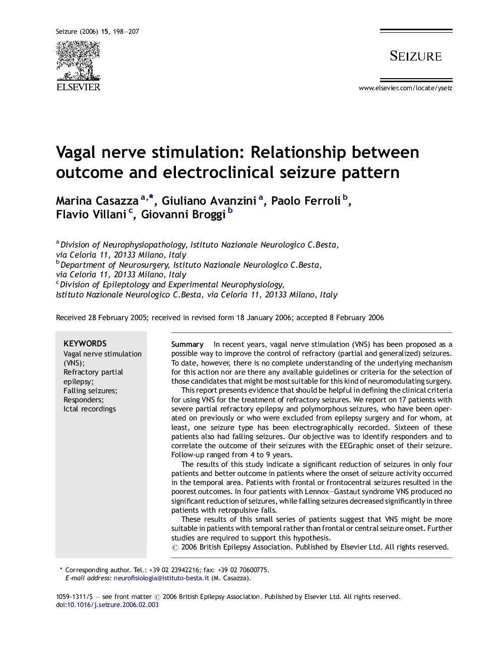 Vagal nerve stimulation: Relationship between outcome and electroclinical seizure pattern