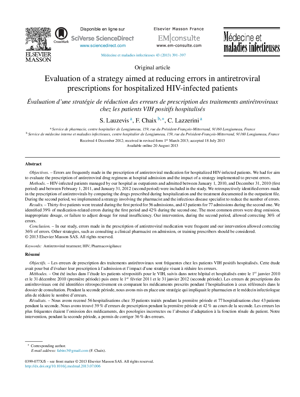 Evaluation of a strategy aimed at reducing errors in antiretroviral prescriptions for hospitalized HIV-infected patients