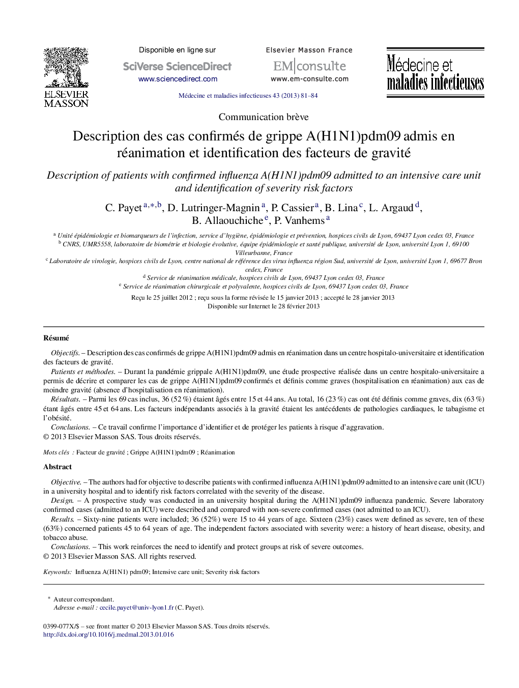 Description des cas confirmés de grippe A(H1N1)pdm09 admis en réanimation et identification des facteurs de gravité