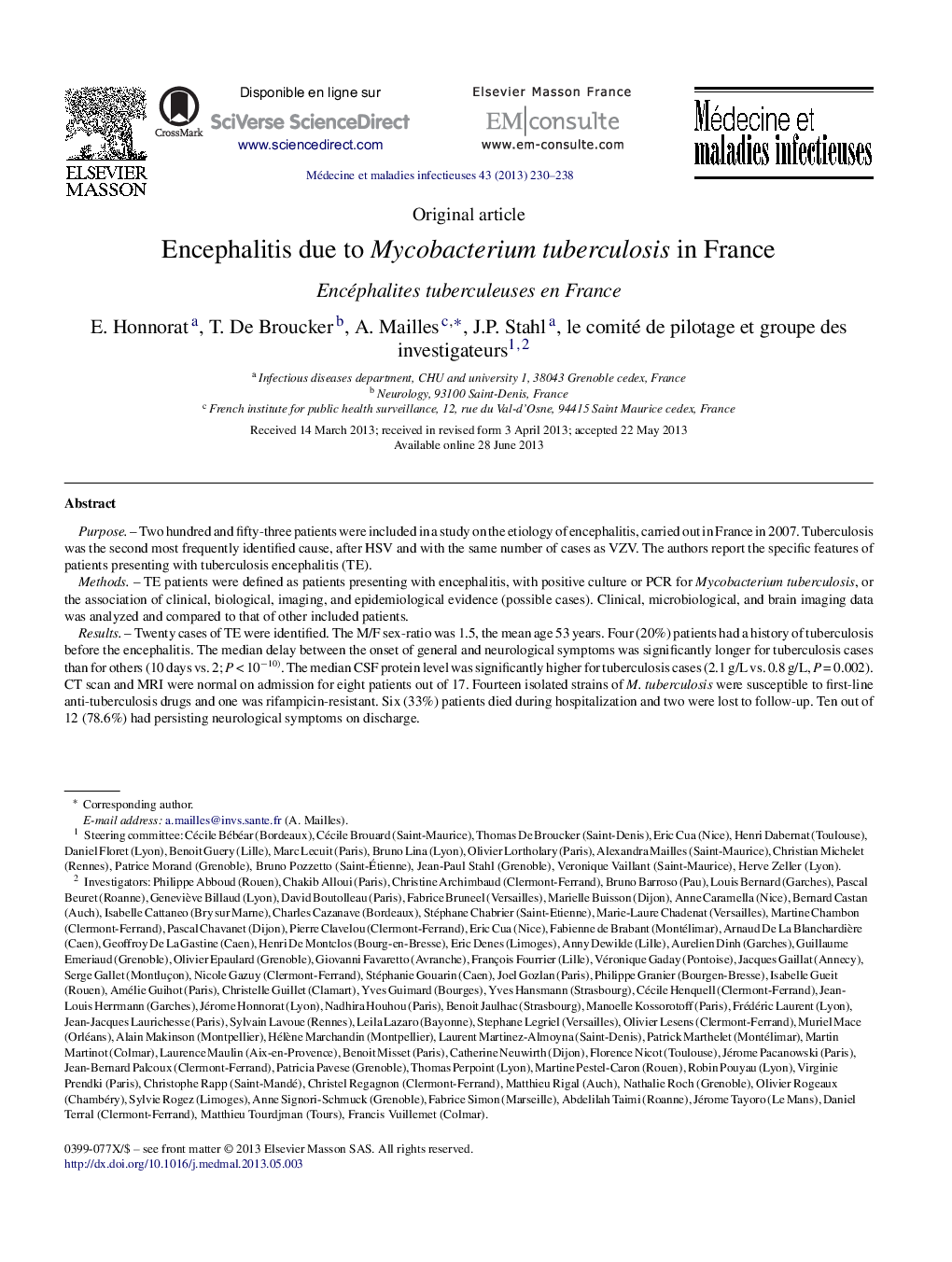 Encephalitis due to Mycobacterium tuberculosis in France